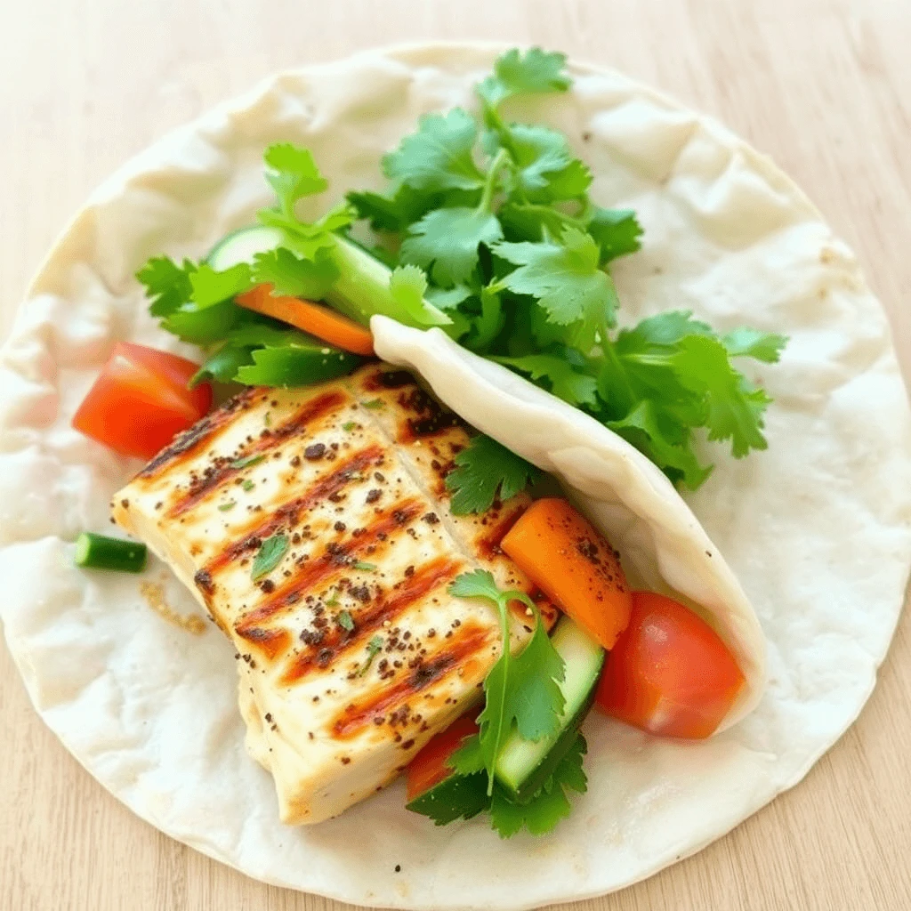 Delicious and vibrant healthy fish wrap filled with fresh vegetables and a side of dipping sauce.