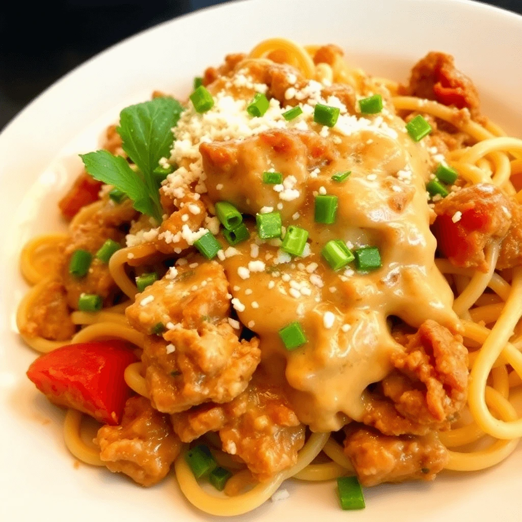 A plate of Cheesecake Factory-style Chipotle Chicken Pasta with creamy sauce, grilled chicken, bell peppers, green onions, and Parmesan cheese.