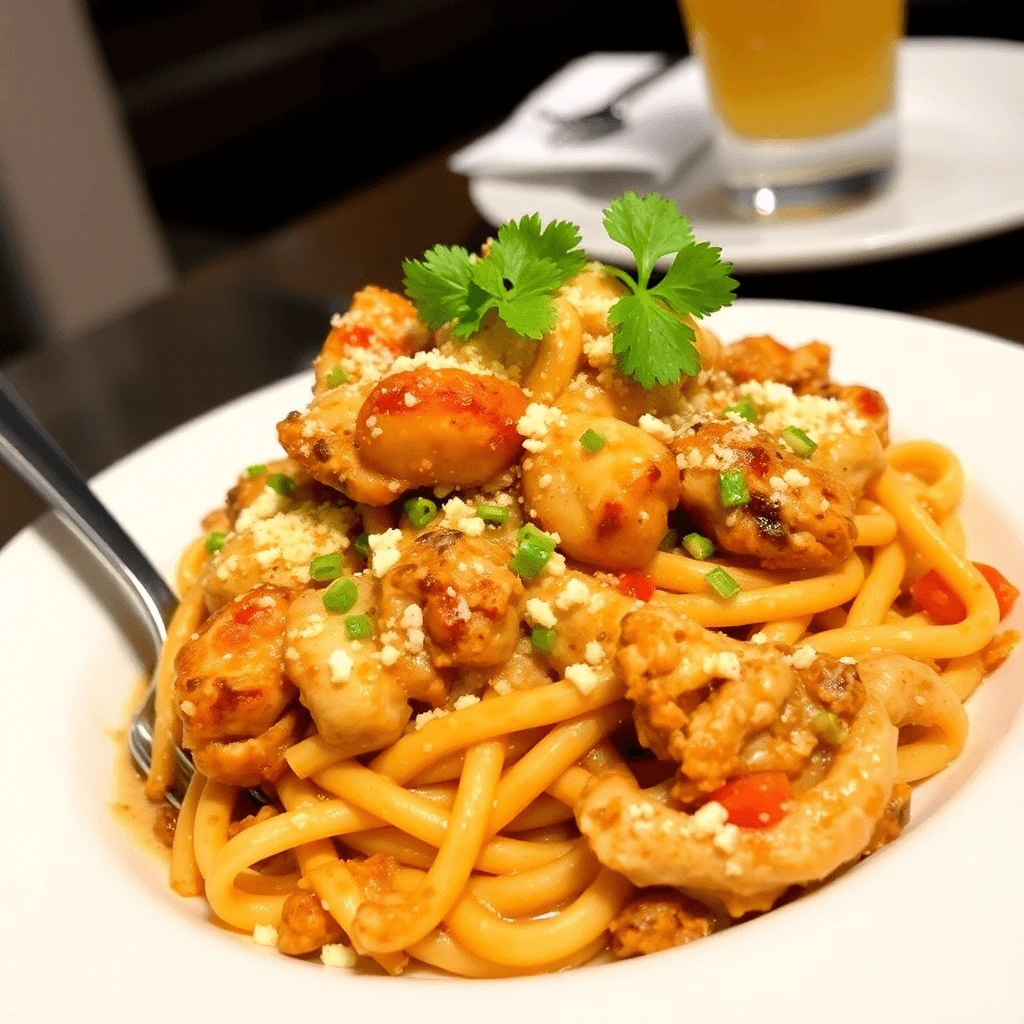 A delicious serving of Copycat Cheesecake Factory pasta garnished with fresh herbs and a sprinkle of parmesan cheese.