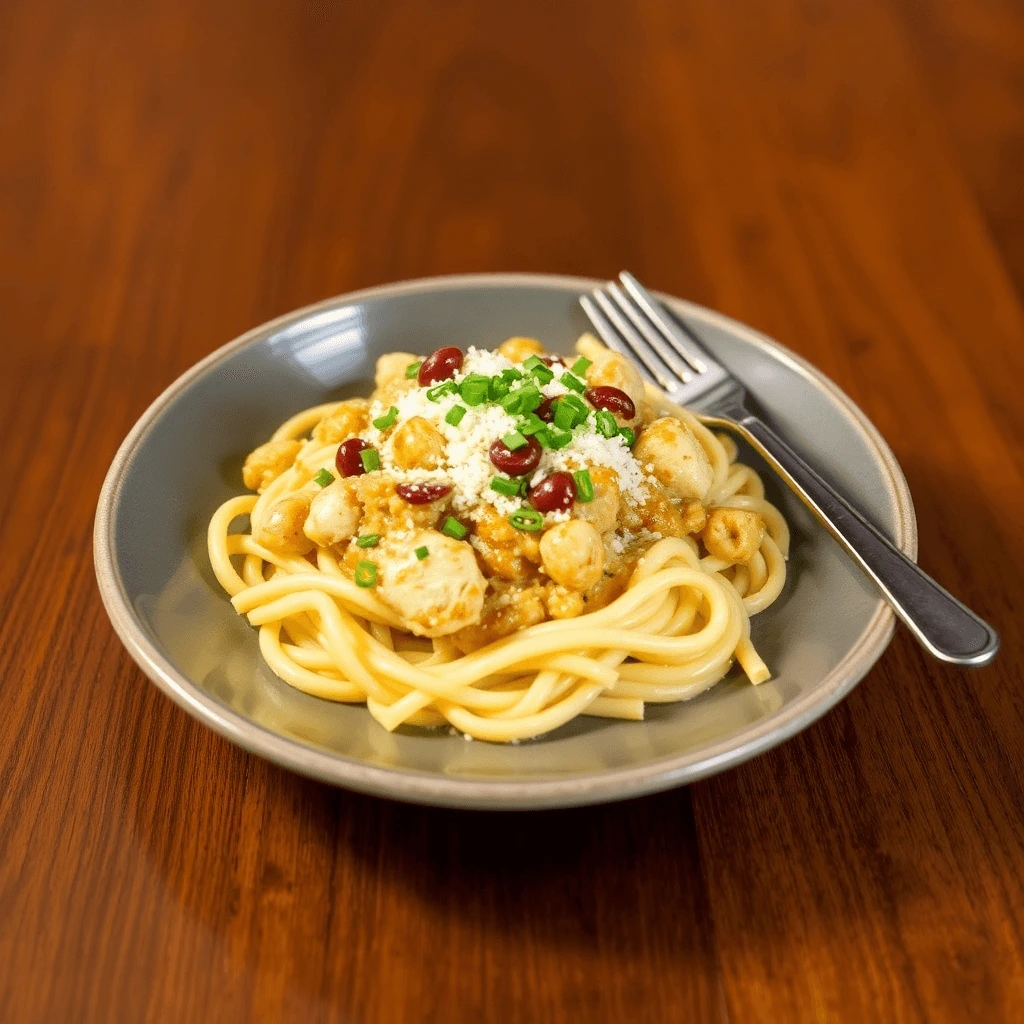 A plate of Chipotle Chicken Pasta topped with grilled chicken, fresh cilantro, and a spicy creamy sauce.