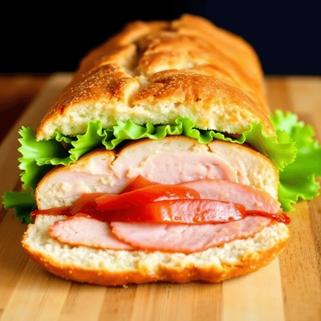 Freshly sliced homemade chicken loaf lunch meat on a wooden cutting board, garnished with fresh herbs.