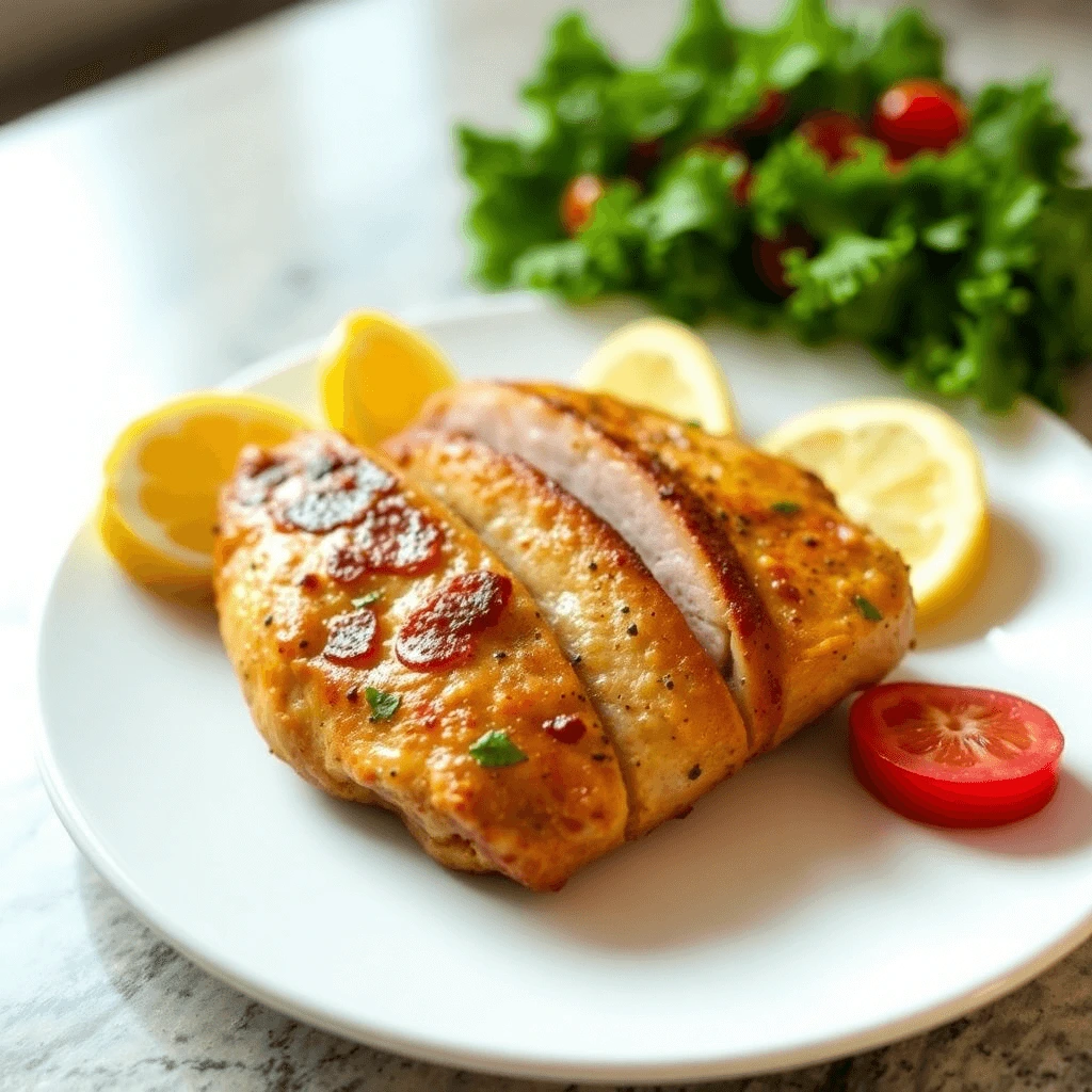 Sliced deli-style chicken breast on a wooden cutting board with fresh herbs and spices.