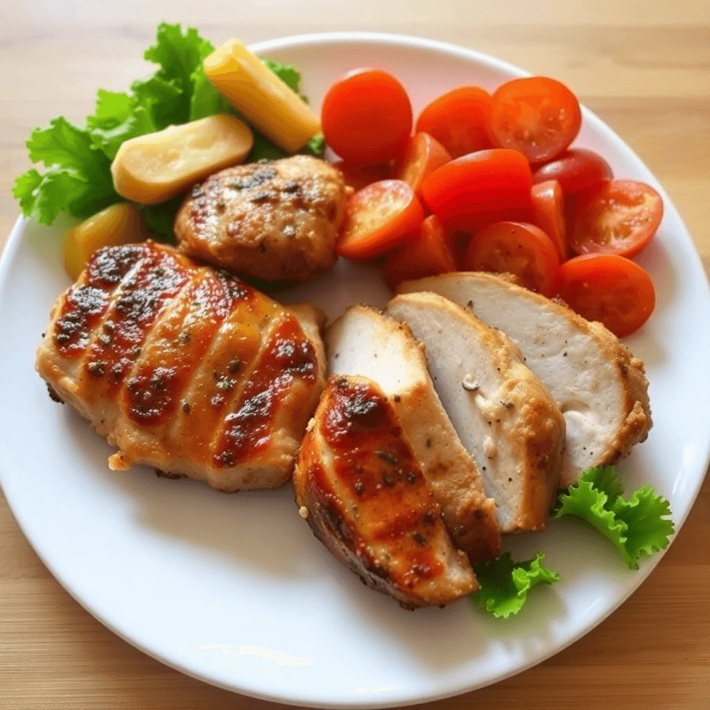 Homemade grilled and sliced chicken lunch meat served with cherry tomatoes, lettuce, and pasta on a white plate.