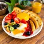 A vibrant plate of traditional Colombian breakfast with eggs, fresh fruit, cheese, arepas, and a glass of orange juice.