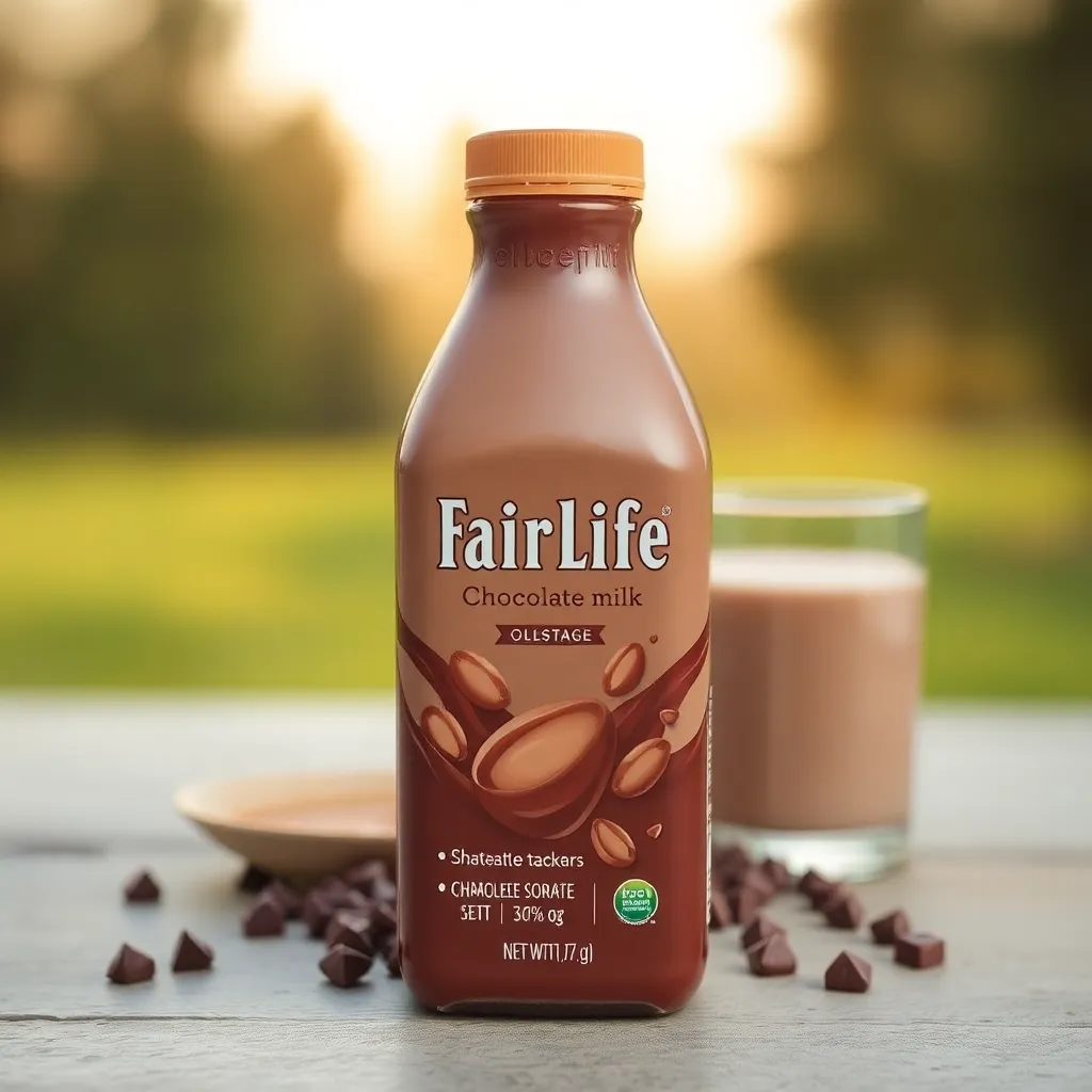 A bottle of Fairlife Chocolate Milk placed on an outdoor table with chocolate chips and a glass of chocolate milk in the background.