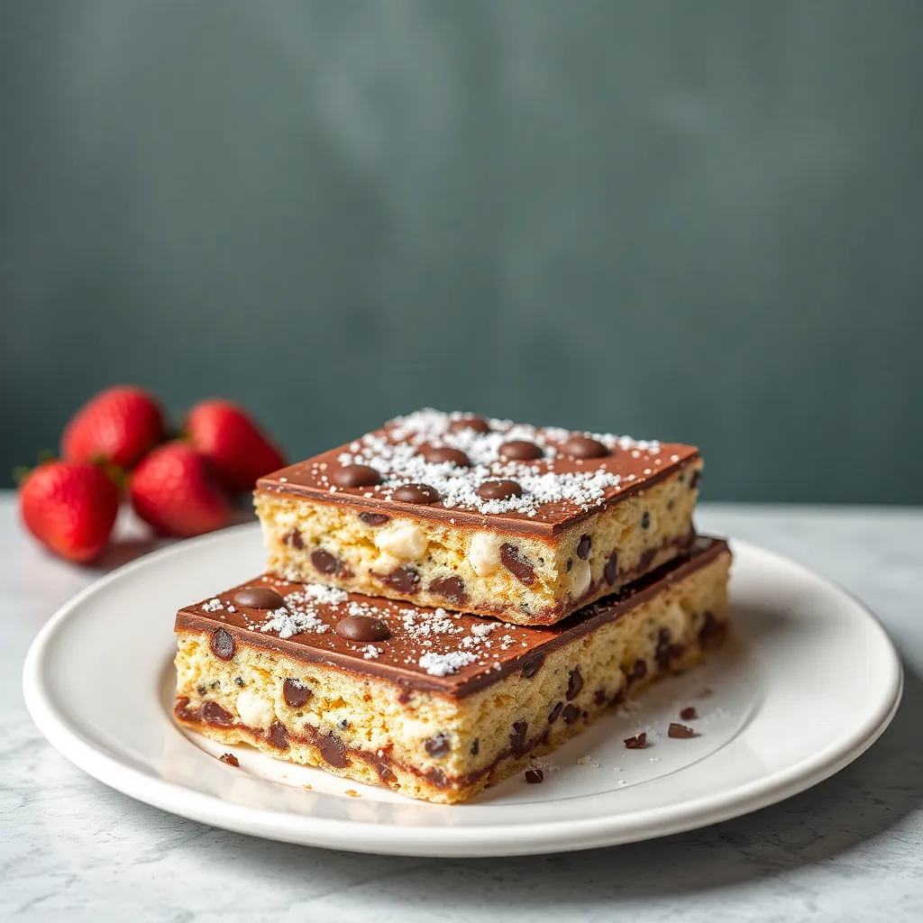 Delicious Knafeh Chocolate Bars topped with chocolate chips and powdered sugar, served on a white plate with fresh strawberries in the background.