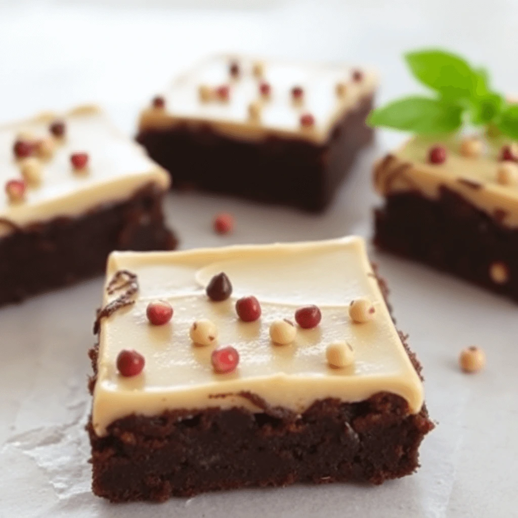 Fudgy Lunch Lady Brownies topped with creamy chocolate frosting and colorful sprinkles, served on parchment paper.