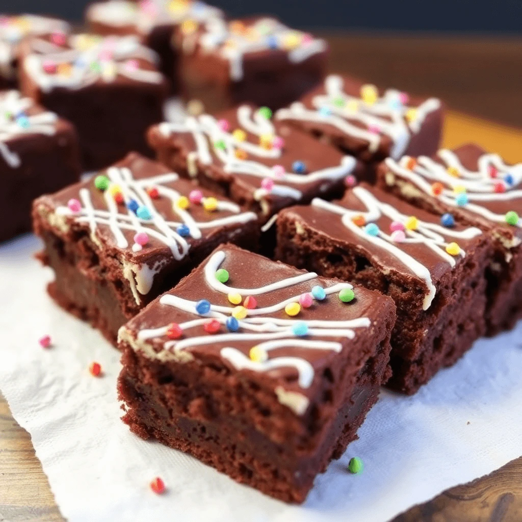 A freshly baked tray of Lunch Lady Brownies, showcasing their thick, fudgy texture and glossy chocolate frosting, garnished with colorful sprinkles.