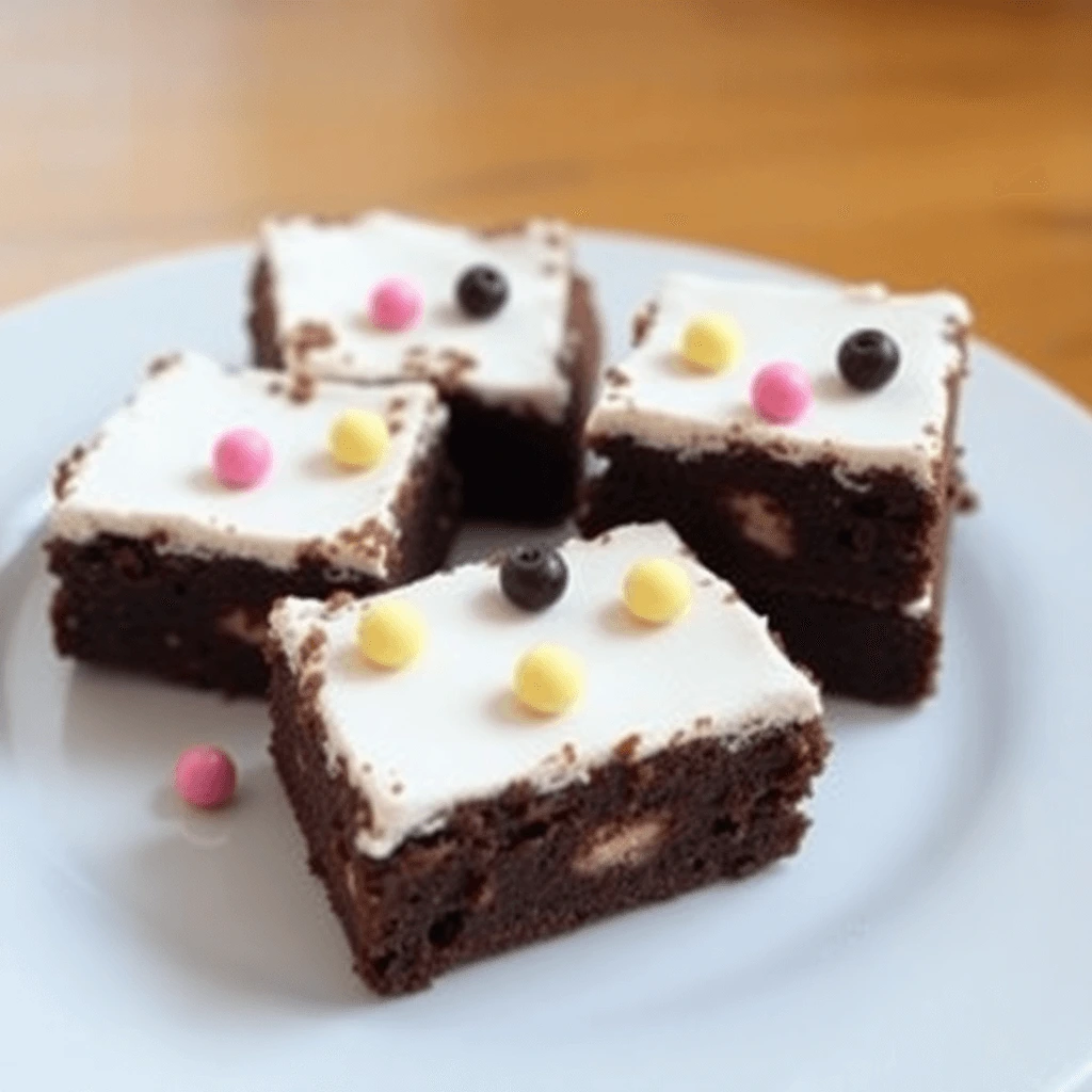 A plate of freshly baked Authentic Lunch Lady Brownies, showcasing their rich chocolate color, fudgy texture, and a dusting of powdered sugar on top.