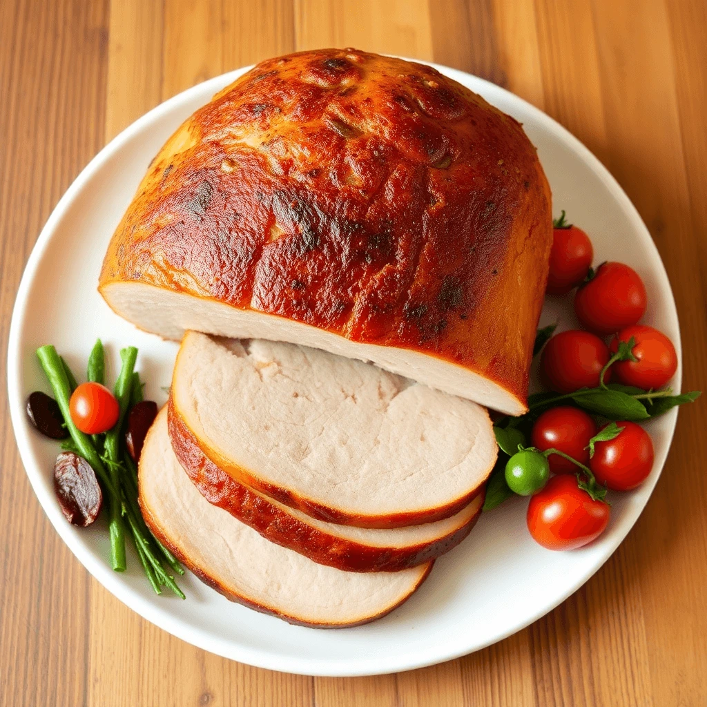 Homemade roasted turkey breast lunch meat, sliced and served on a white plate with cherry tomatoes and green beans.