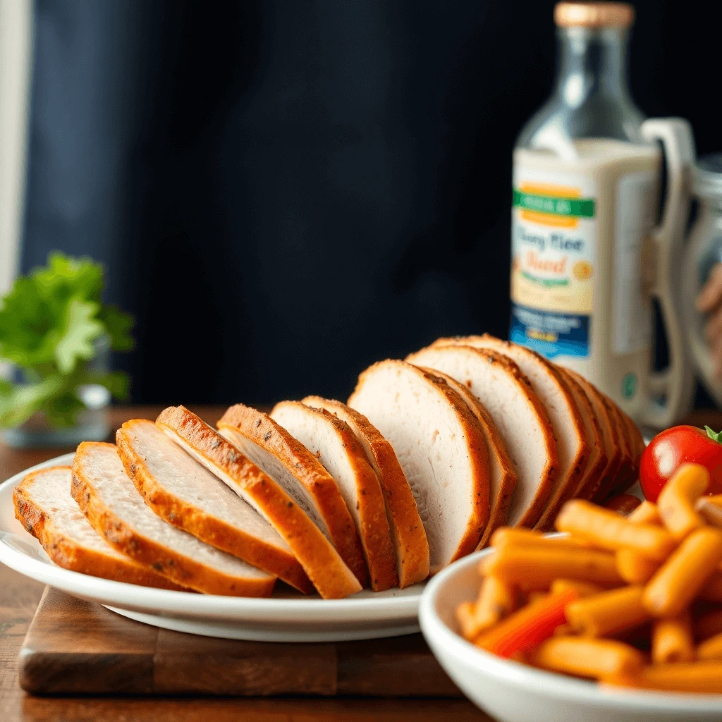 Thinly sliced smoked turkey breast, neatly stacked on a plate, with lettuce and tomato in the background.