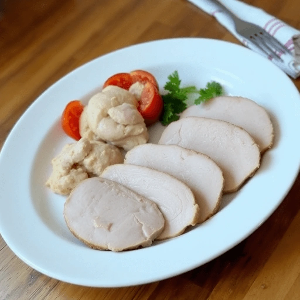 Juicy smoked turkey breast resting on a wooden cutting board, garnished with fresh herbs.